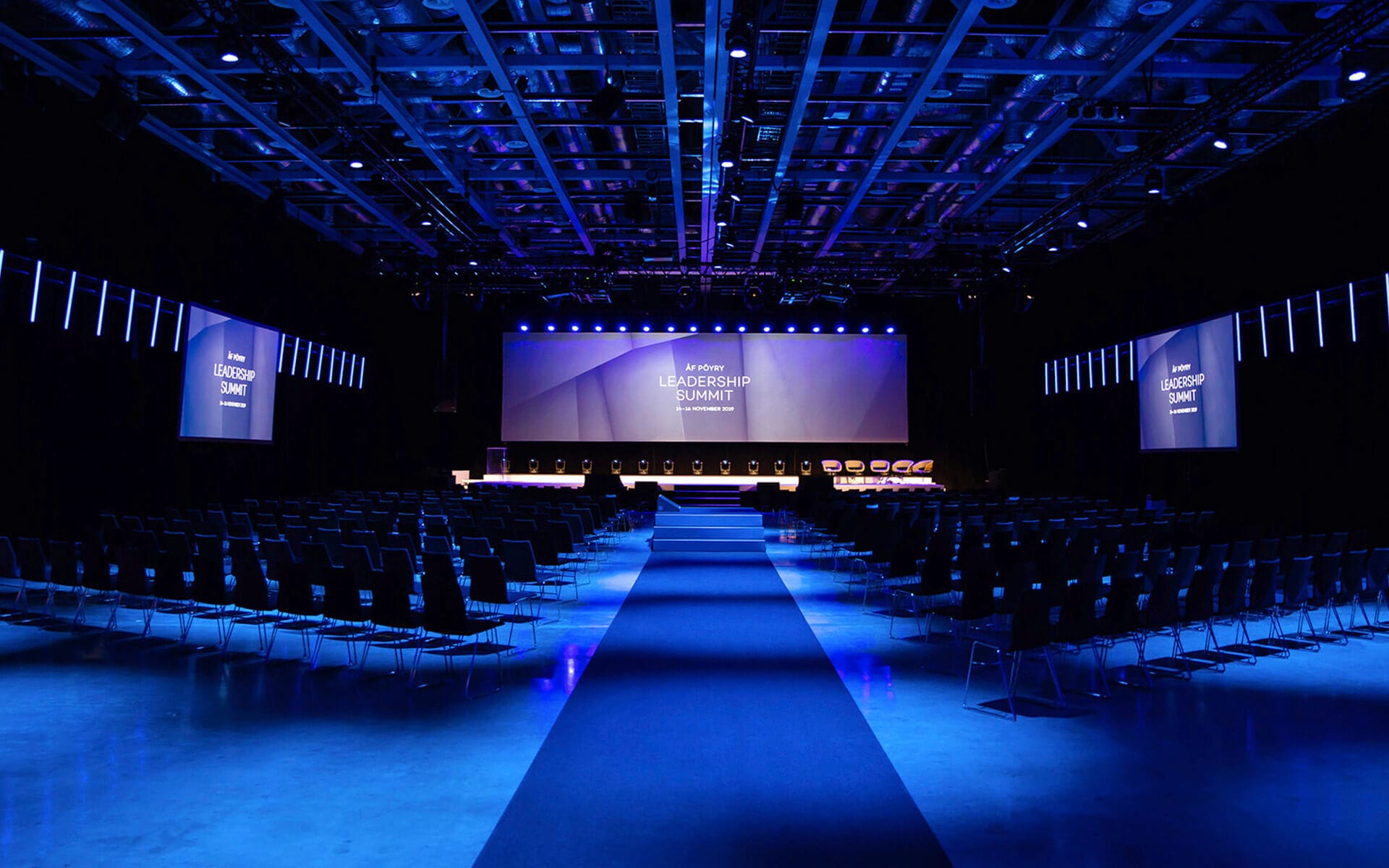 AFRY Leadership Summit at Strawberry Fields – stage against the short wall with panoramic projection and moving stage lighting, produced by EDGE.