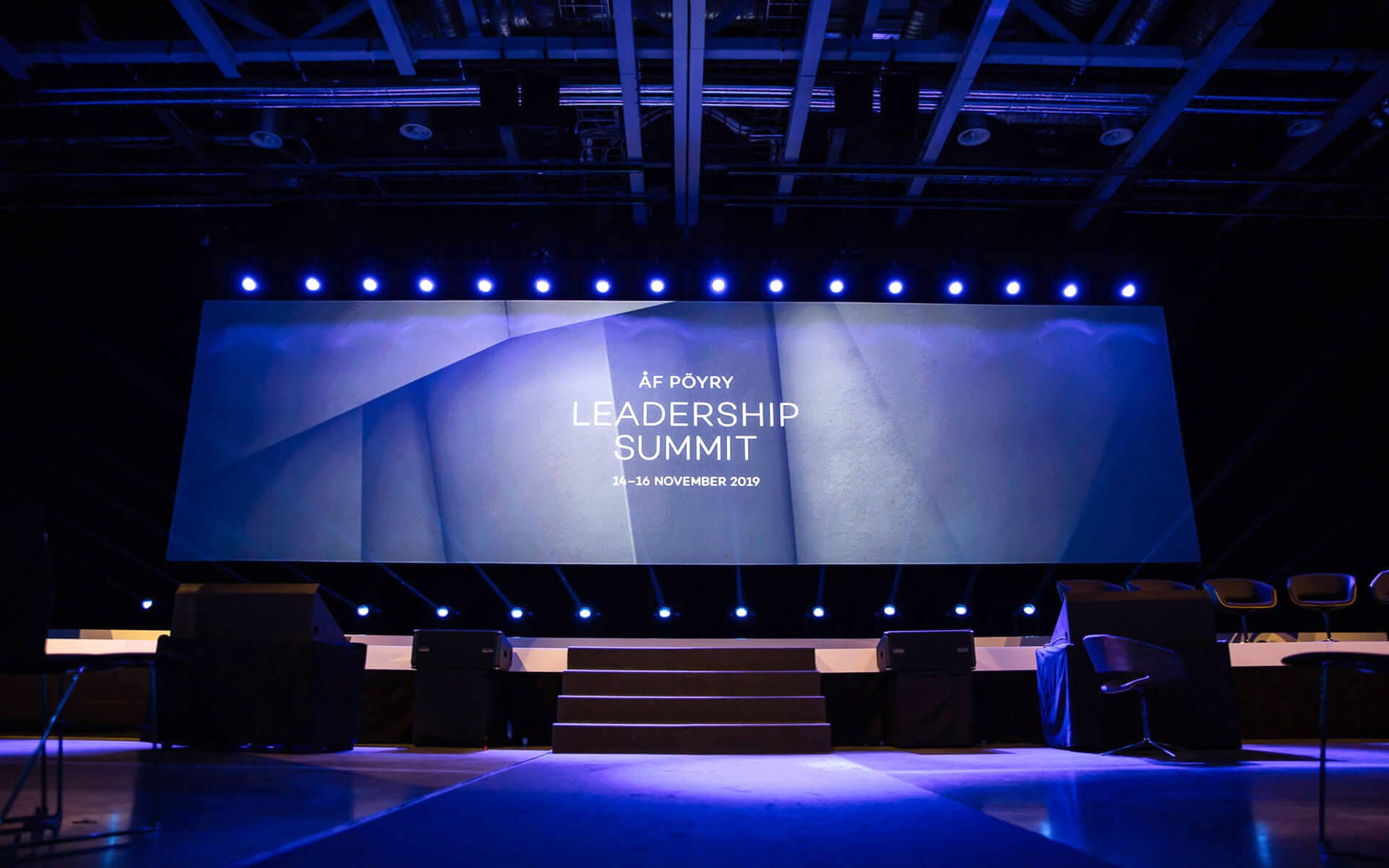 AFRY management meeting at Strawberry Fields – a wide panoramic LED wall gives the stage strong visual depth and enables unified presentations.