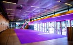 Nålfiltsmatta och branding i entrén till Allergan-eventet, Stockholm Waterfront