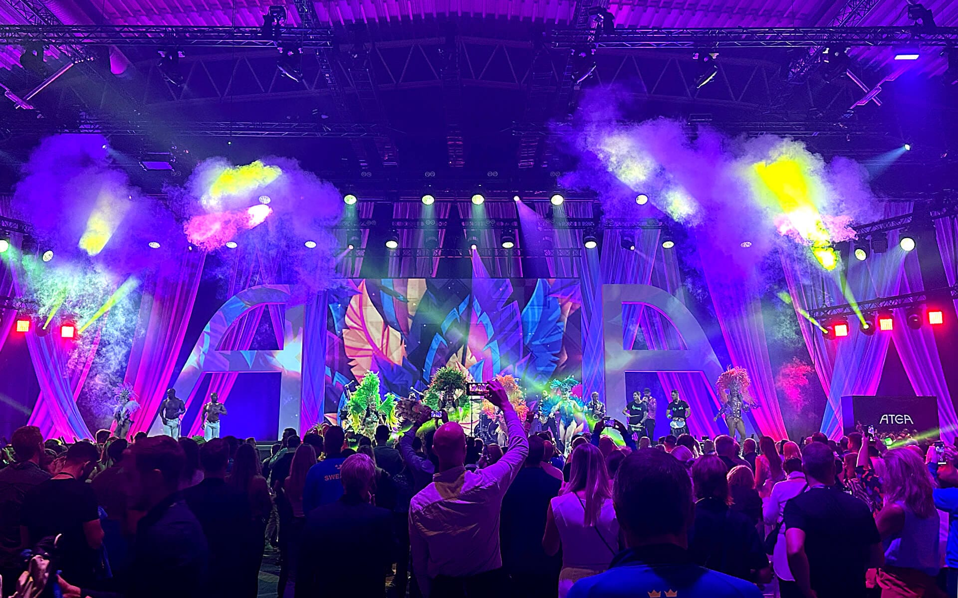 Full crowd at carnival party, ATEA National Team Camp 2023 Vinnarhallen Boson
