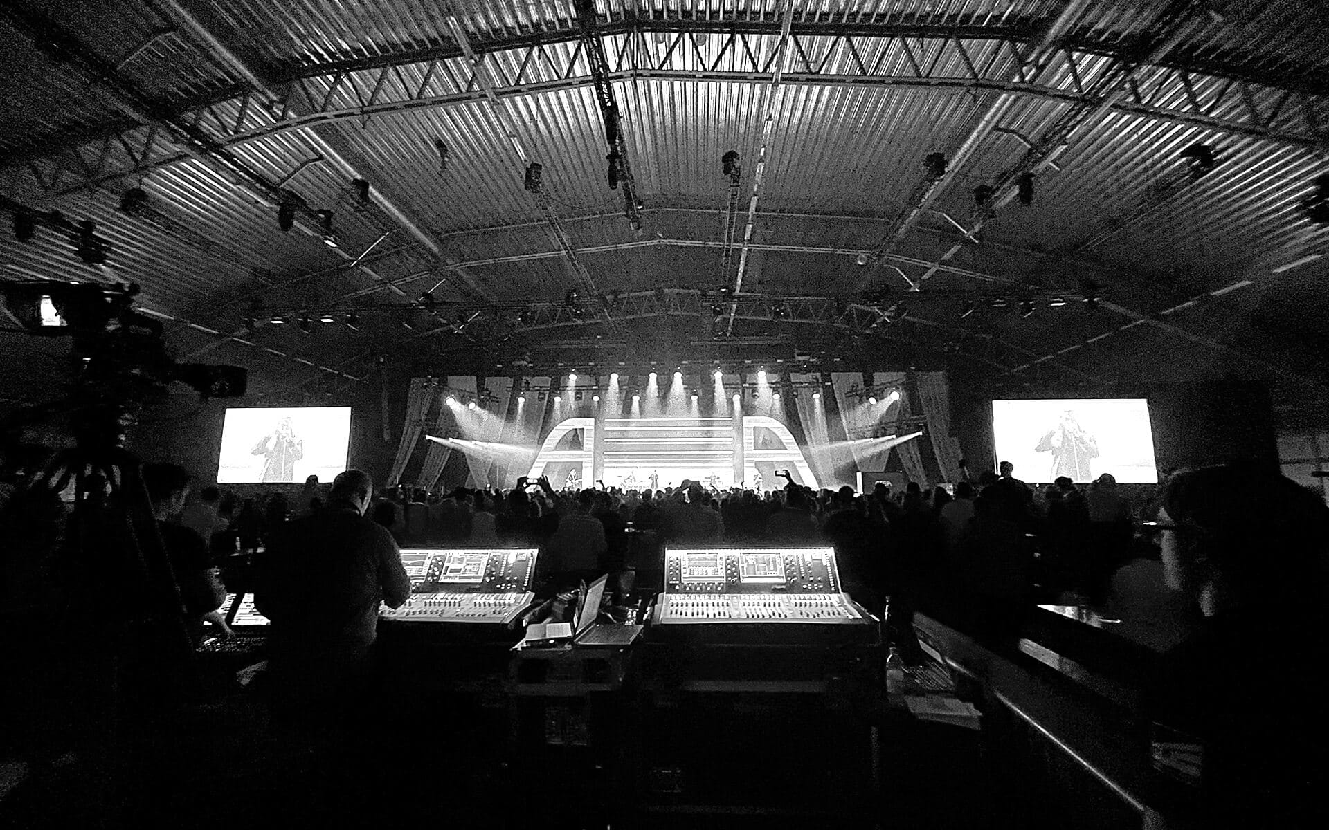 FOH audio and video mixing station during ATEA event, Vinnarhallen Boson