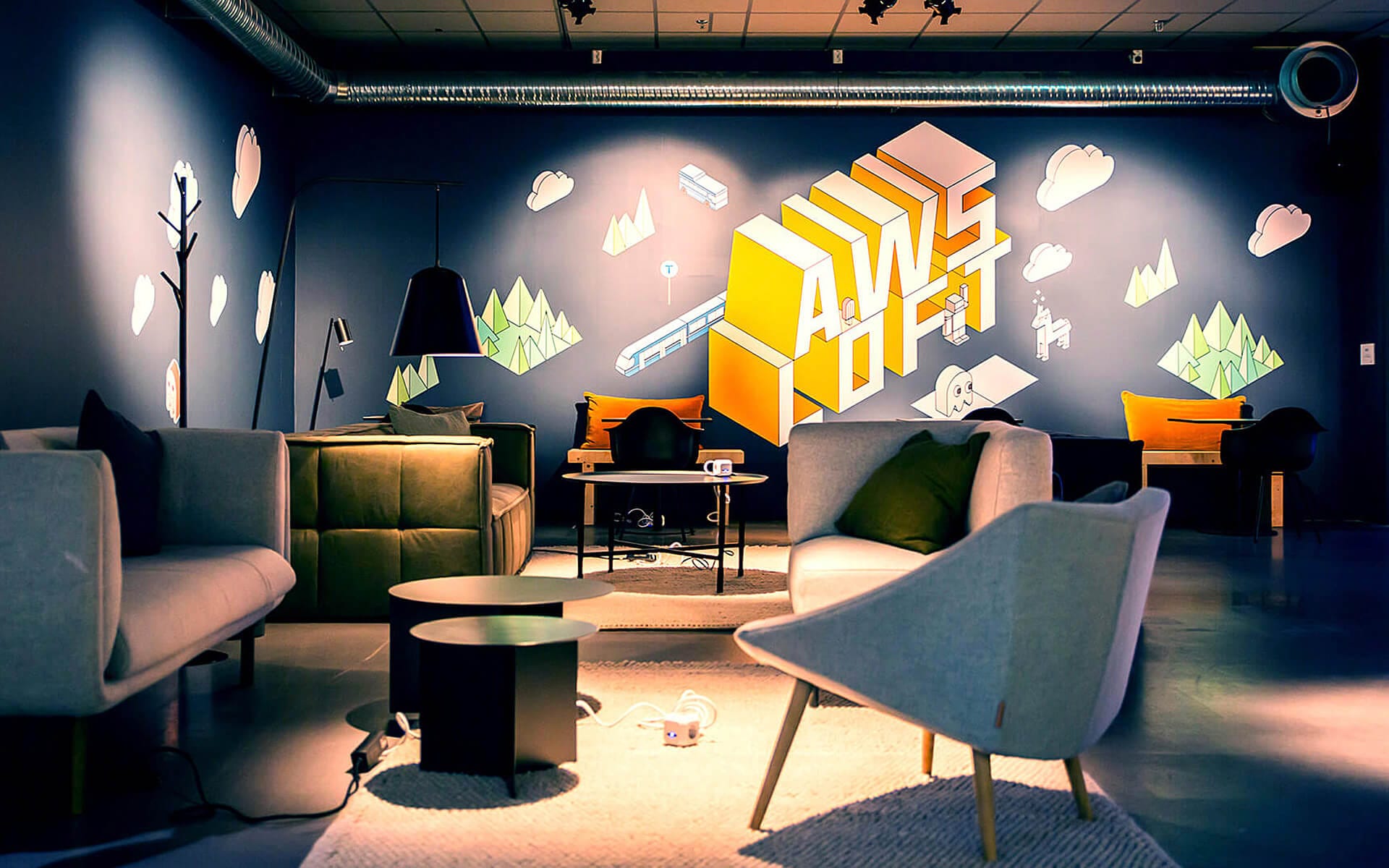 Amazon Web Services Pop-up Loft in Stockholm – EDGE built a complete temporary premises with custom furnishings, meeting areas and technical solutions for AWS's European tour.