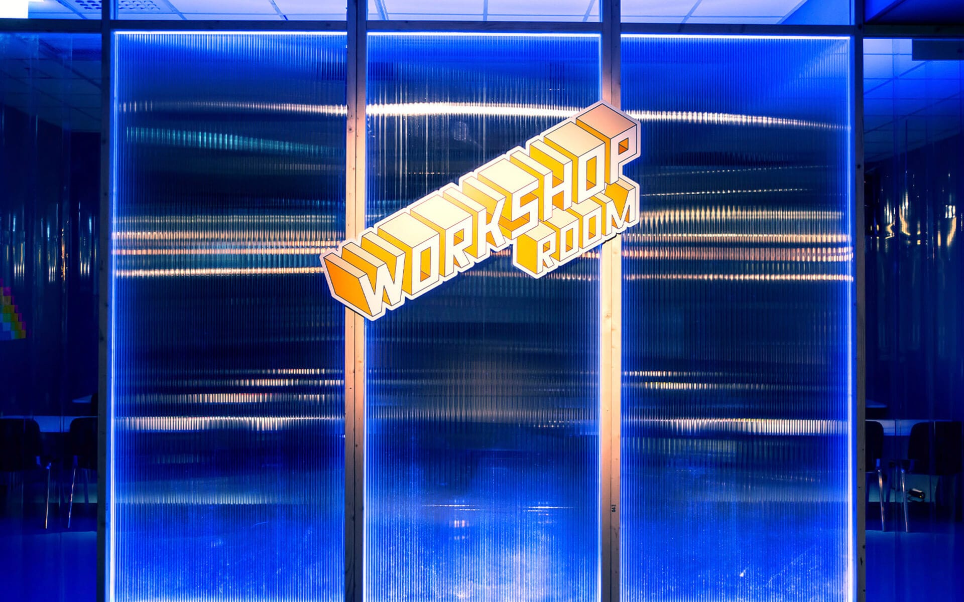 Illuminated polycarbonate channel panel room dividers in timber frames, AWS Popup Loft Stockholm