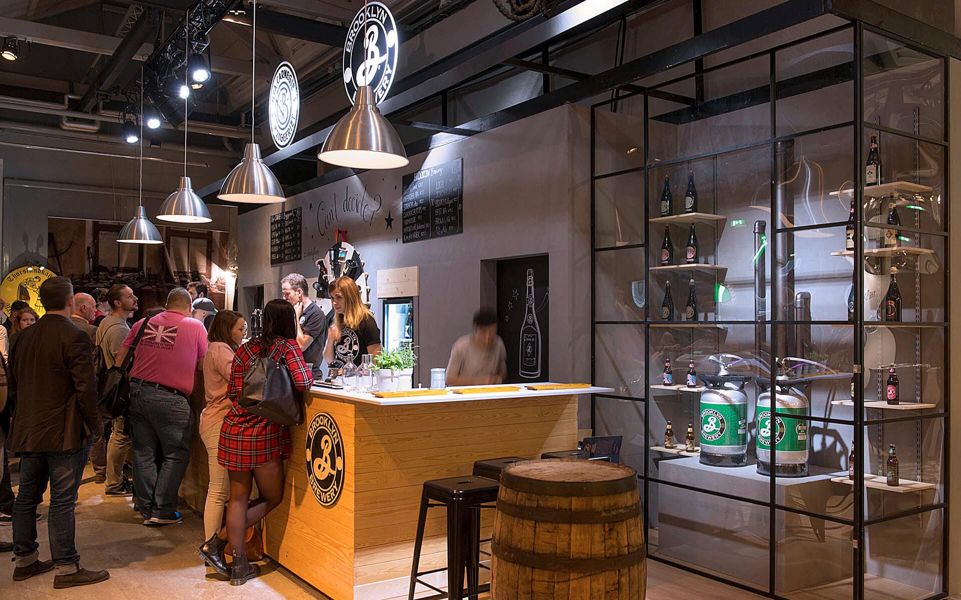 Brooklyn Brewery stand at Stockholm Beer & Whisky Festival – an industrial, raw aesthetic consistent with the brand identity, built by EDGE's carpentry workshop.