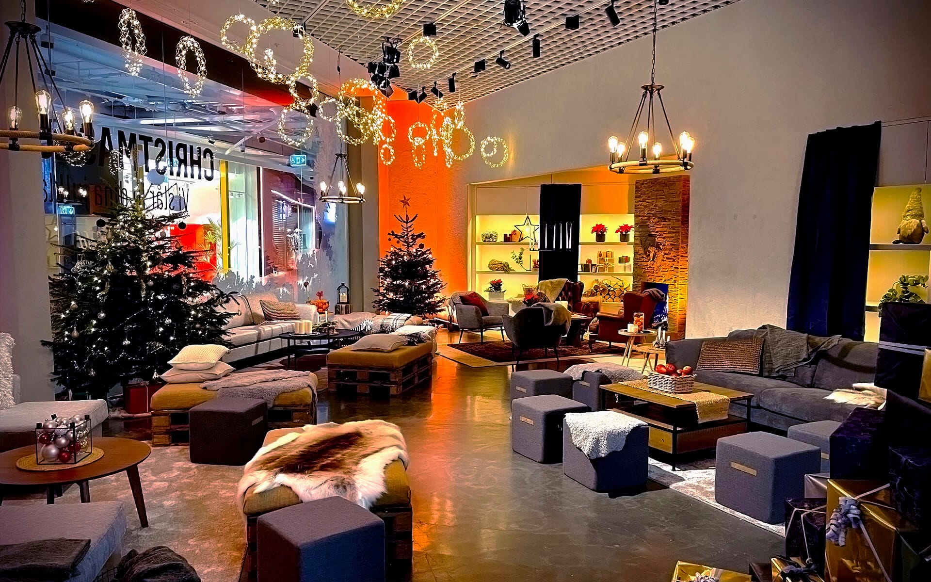 Furnished Christmas lounge with festive decor and mood lighting, Mall of Scandinavia