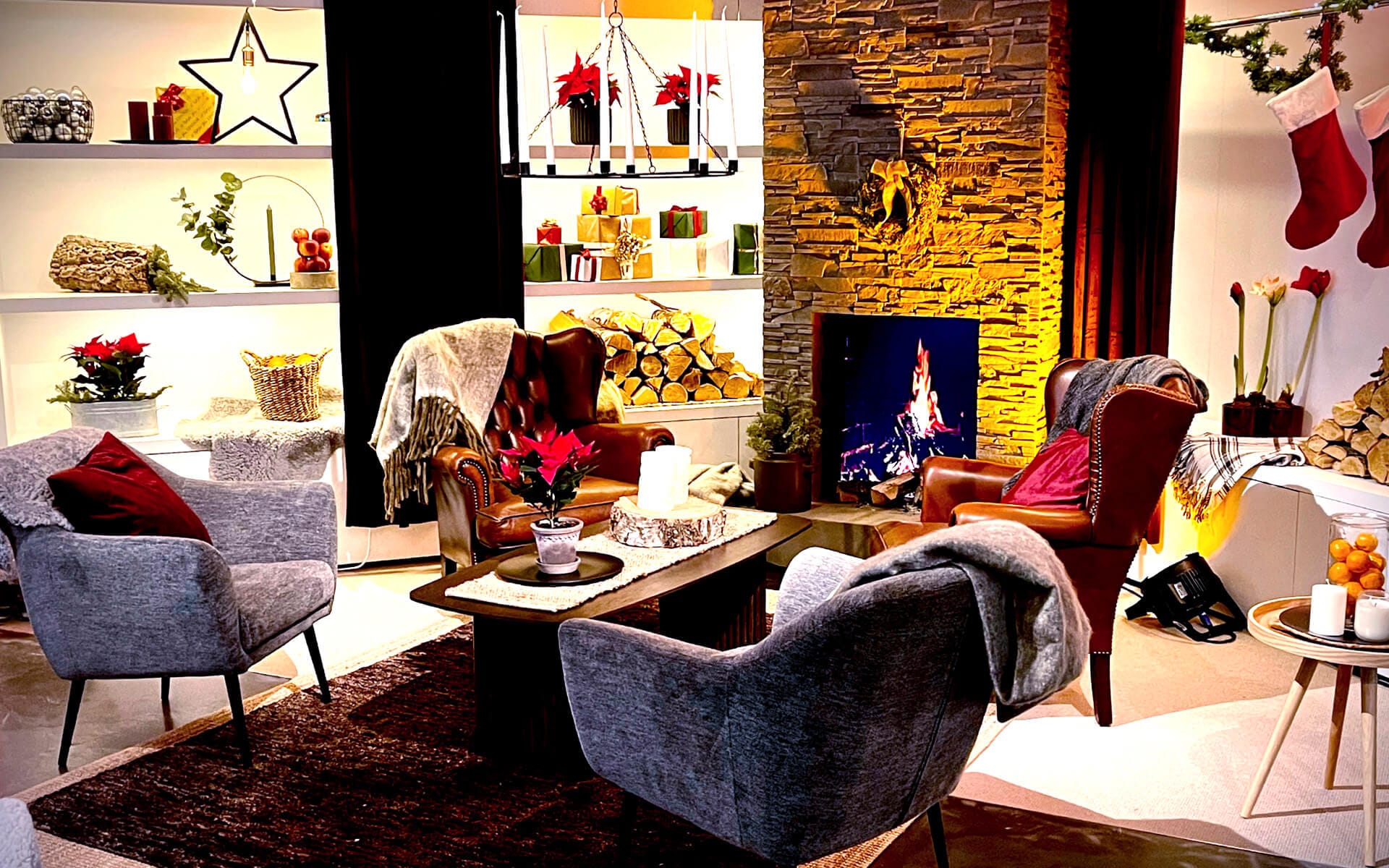 Decorative fireplace and Christmas ornaments in Christmas Lounge, Mall of Scandinavia