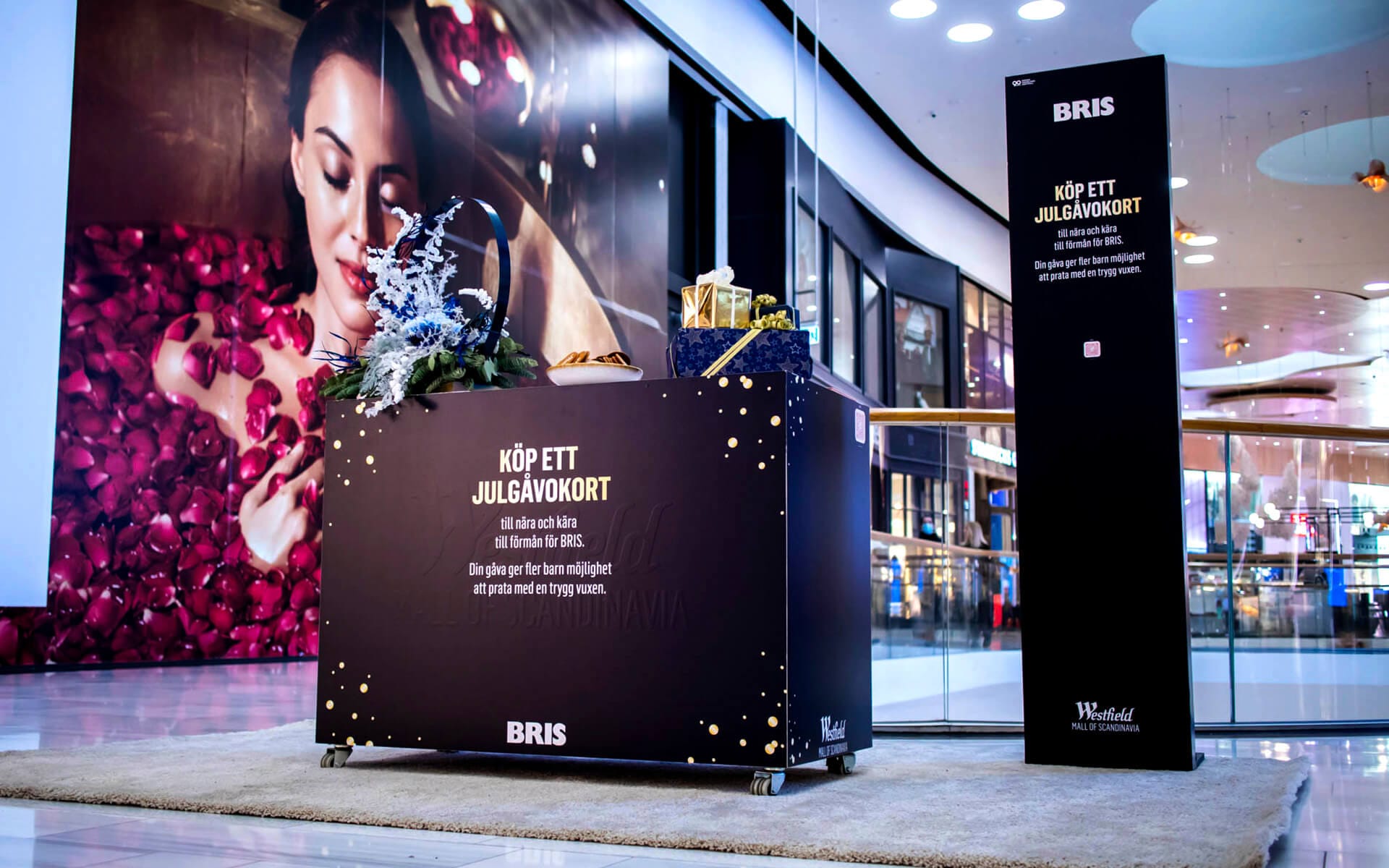 Branded counters and display furniture in shopping centre, Westfield Mall of Scandinavia Christmas