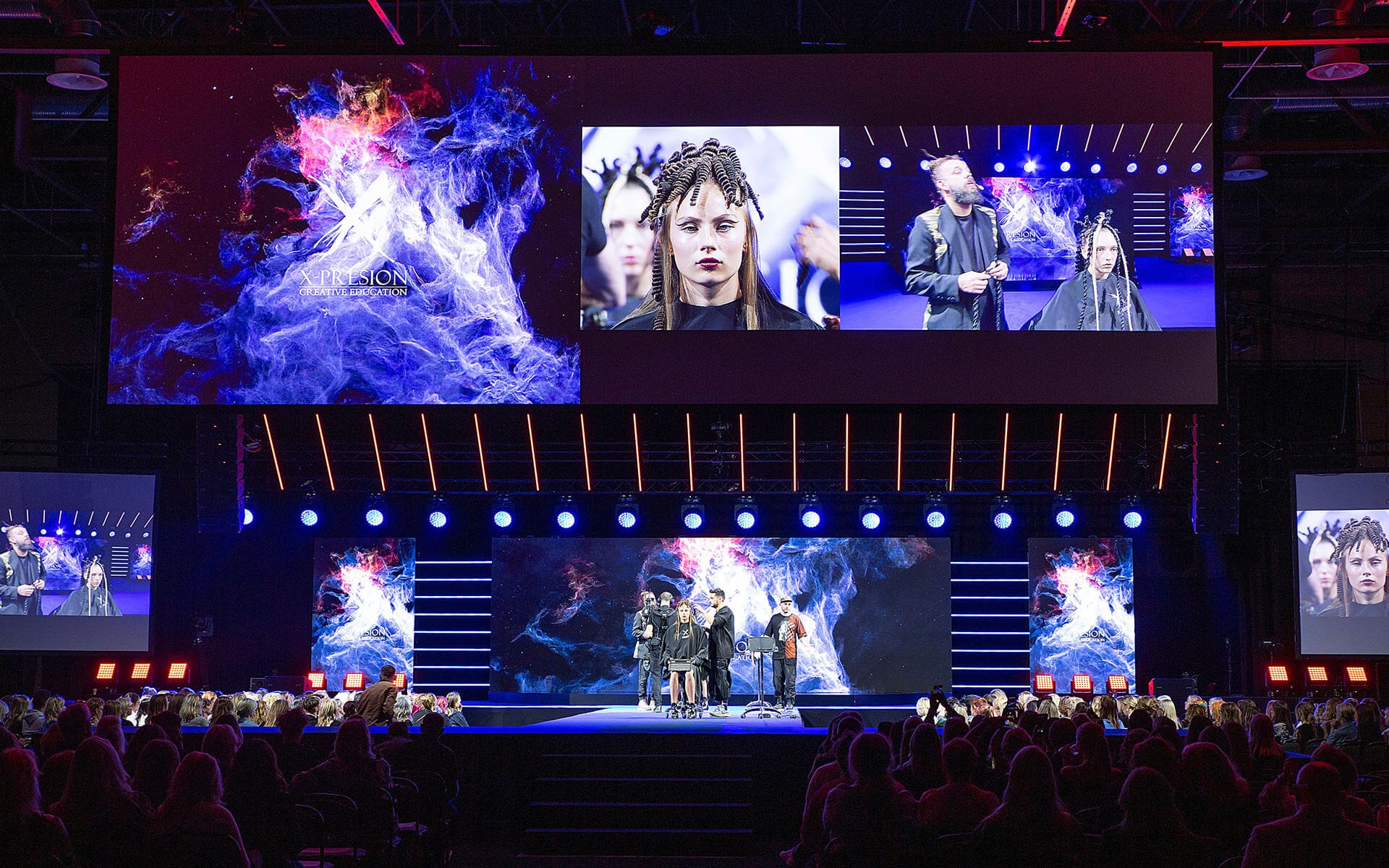 Destination Highlights Hairdresser EXPO at Scandinavian XPO – runway stage with combined LED screens and projection surfaces for maximum visual impact.