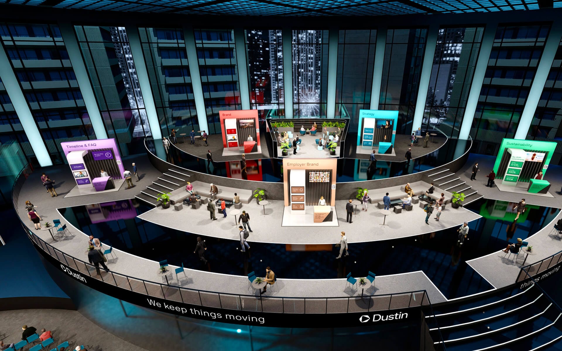 Virtual exhibition floor for the Dustin Benelux launch – a complete digital trade fair environment designed and 3D-modelled by EDGE.