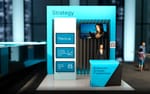 Virtuell 3D-mässmonter sedd framifrån med branded innehåll, Dustin Benelux Twebcast