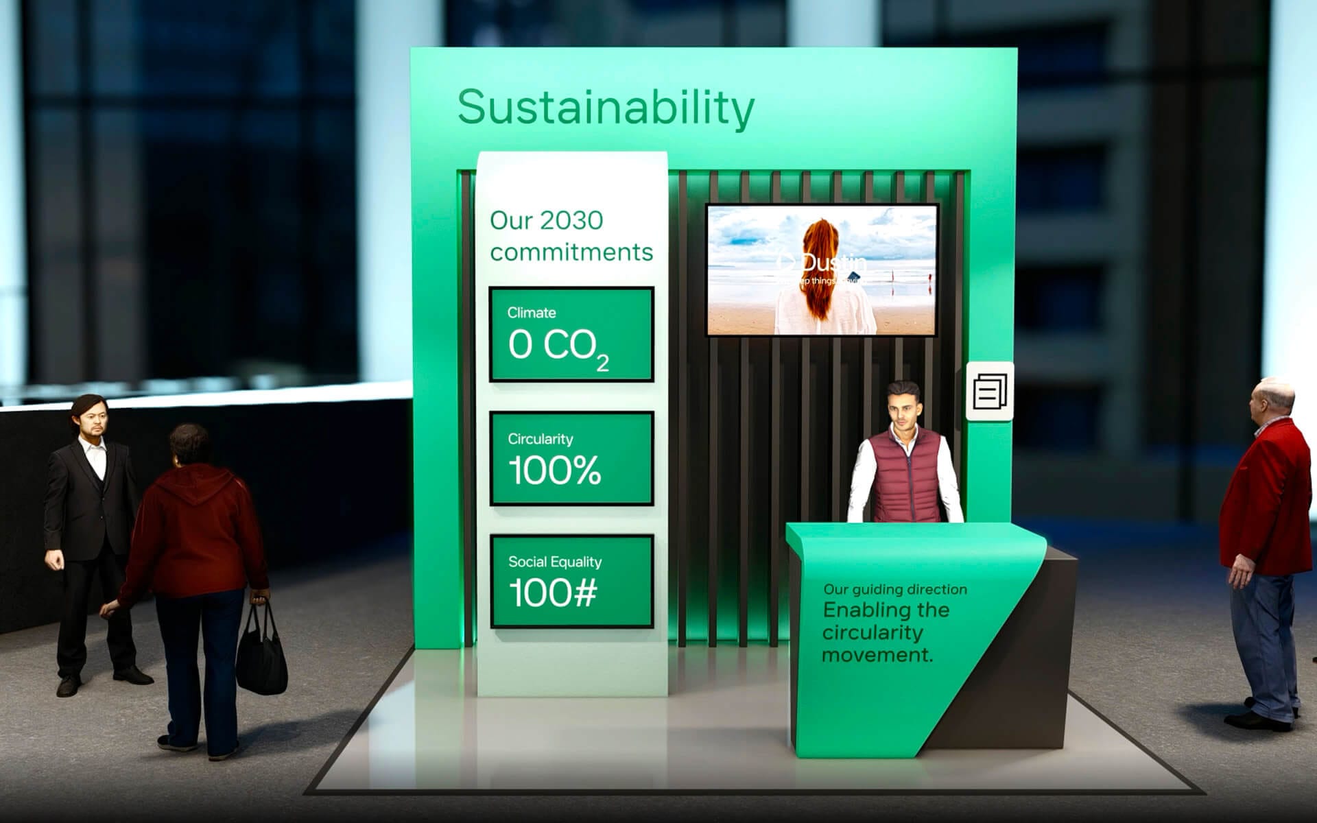 Dustin Benelux Launch – an individual virtual exhibition stand with Dustin branding, 3D-modelled by EDGE for a seamless experience within the virtual environment.