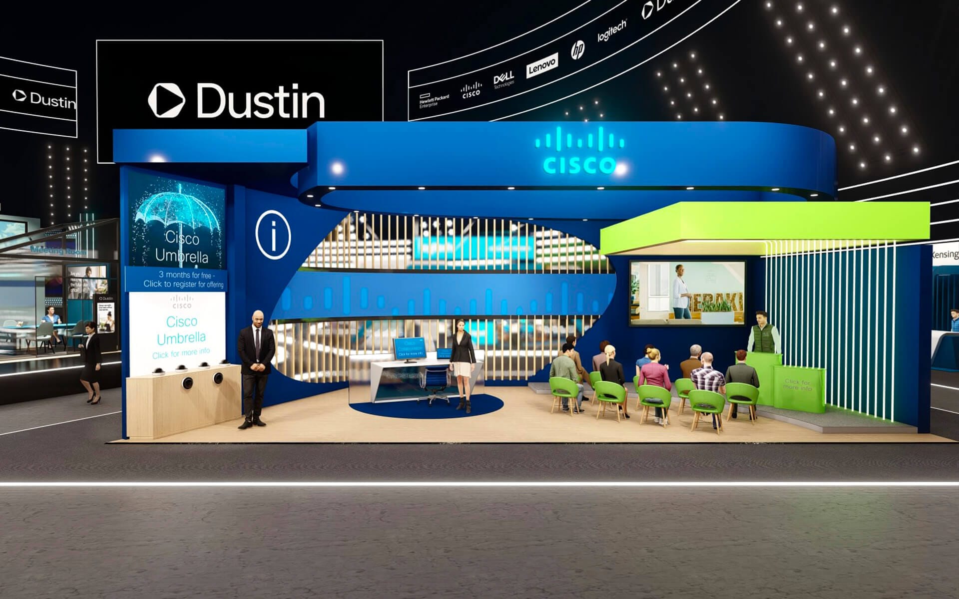 Cisco's virtual exhibition stand at Dustin Expo Connected 2021 – 3D-modelled by EDGE in Cisco's graphic profile for a consistent brand experience in the virtual exhibition hall.