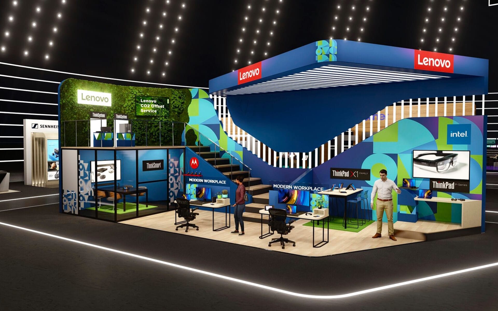 Lenovo stand at Dustin Connected 2021 – EDGE designed and built the entire virtual trade fair environment with individualised stands per exhibitor.