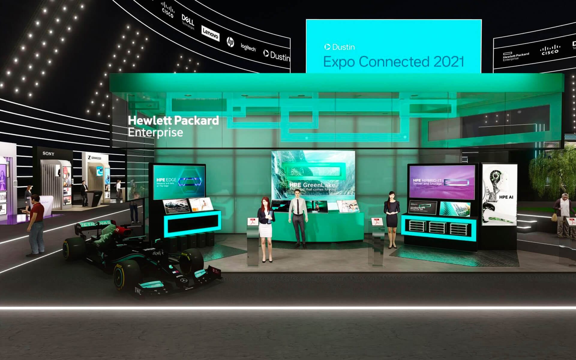 HPE's virtual exhibition stand at Dustin Expo Connected 2021 – a separate stand for HPE's enterprise offerings, 3D-modelled by EDGE with distinct HPE branding.