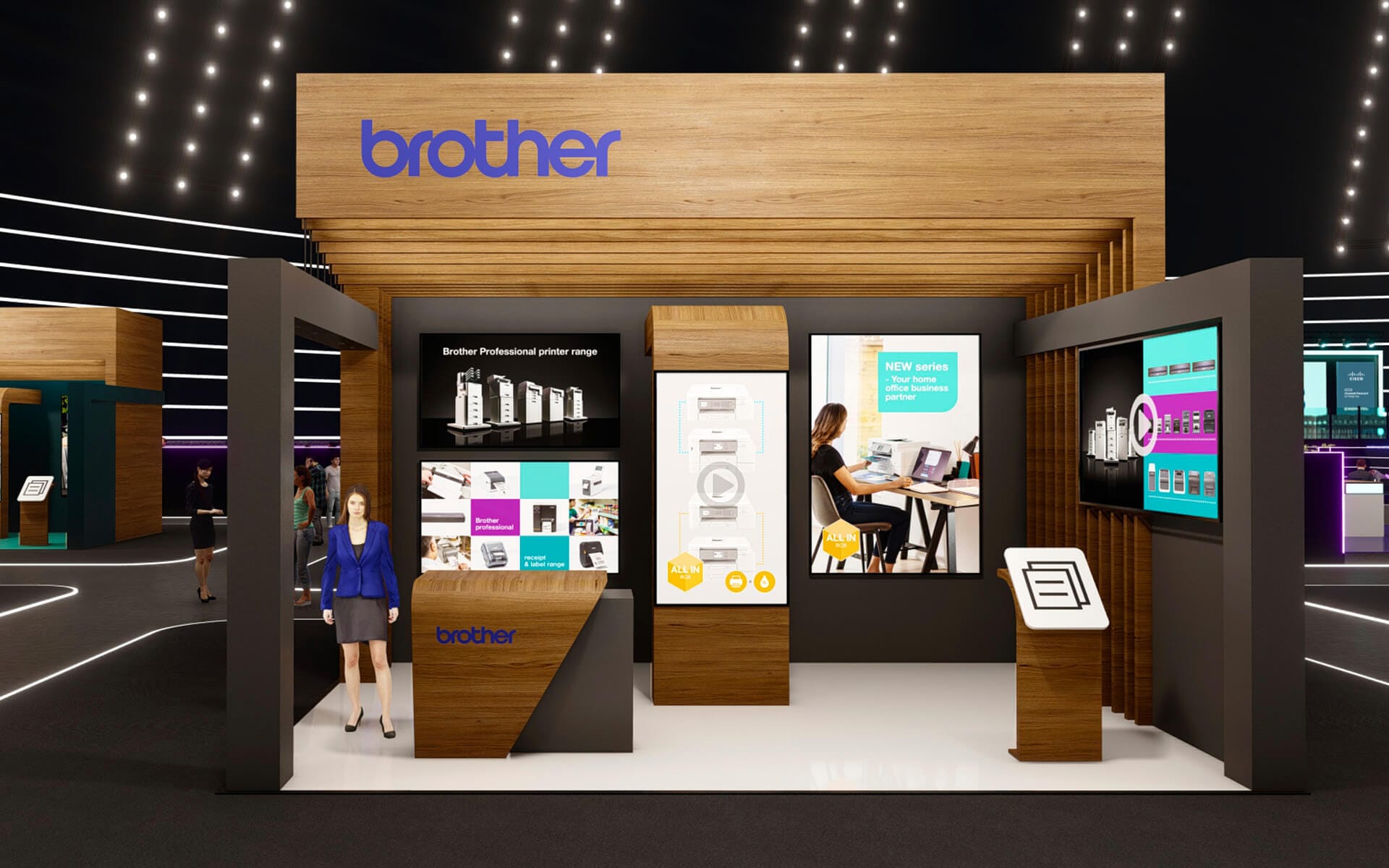 Brother's virtual exhibition stand at Dustin Expo Connected 2021 – 3D-modelled by EDGE with Brother's product focus and graphic identity in a navigable digital environment.