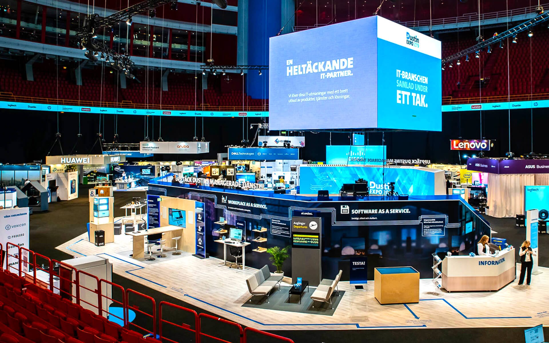 Dustin Expo 2019 at Avicii Arena – an open stand design with integrated LED screens for maximum visitor flow and clear product exposure.