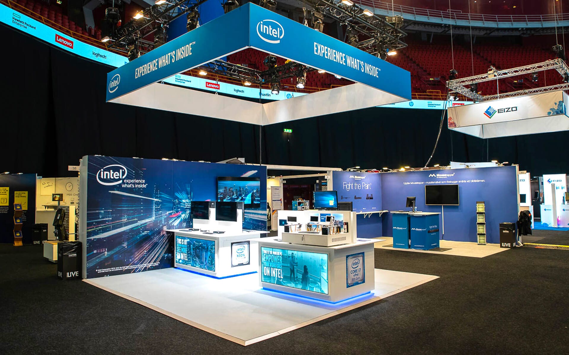 Intel stand at Dustin Expo, Avicii Arena – a well-profiled stand built by EDGE's carpentry workshop with Intel's graphic identity translated into the stand architecture.
