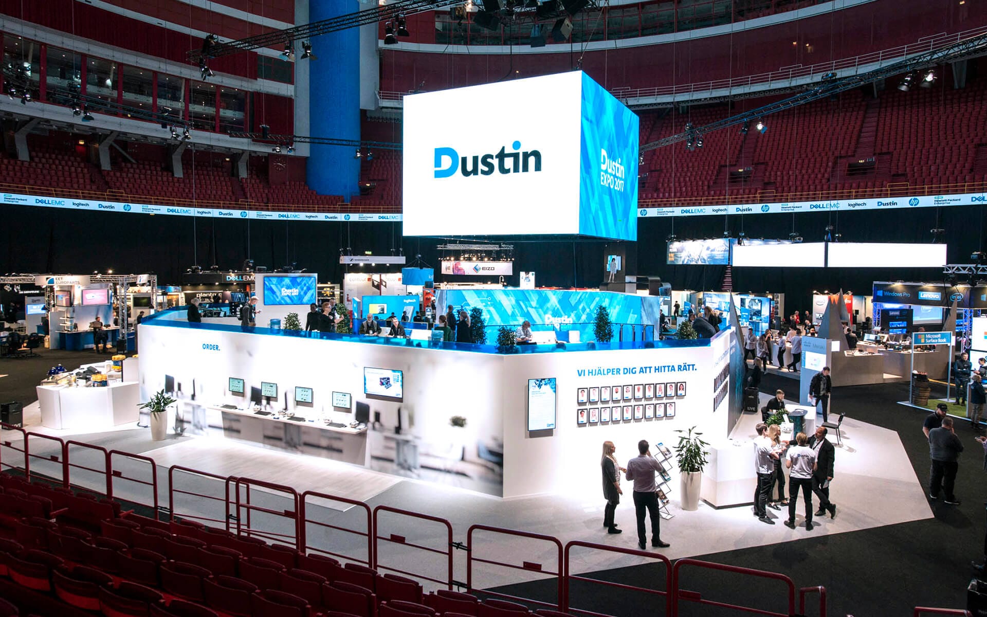 Dustin Expo 2017 at Avicii Arena – the stand features a raised floor with recessed cable channels and ceiling lighting produced by EDGE for a professional overall result.