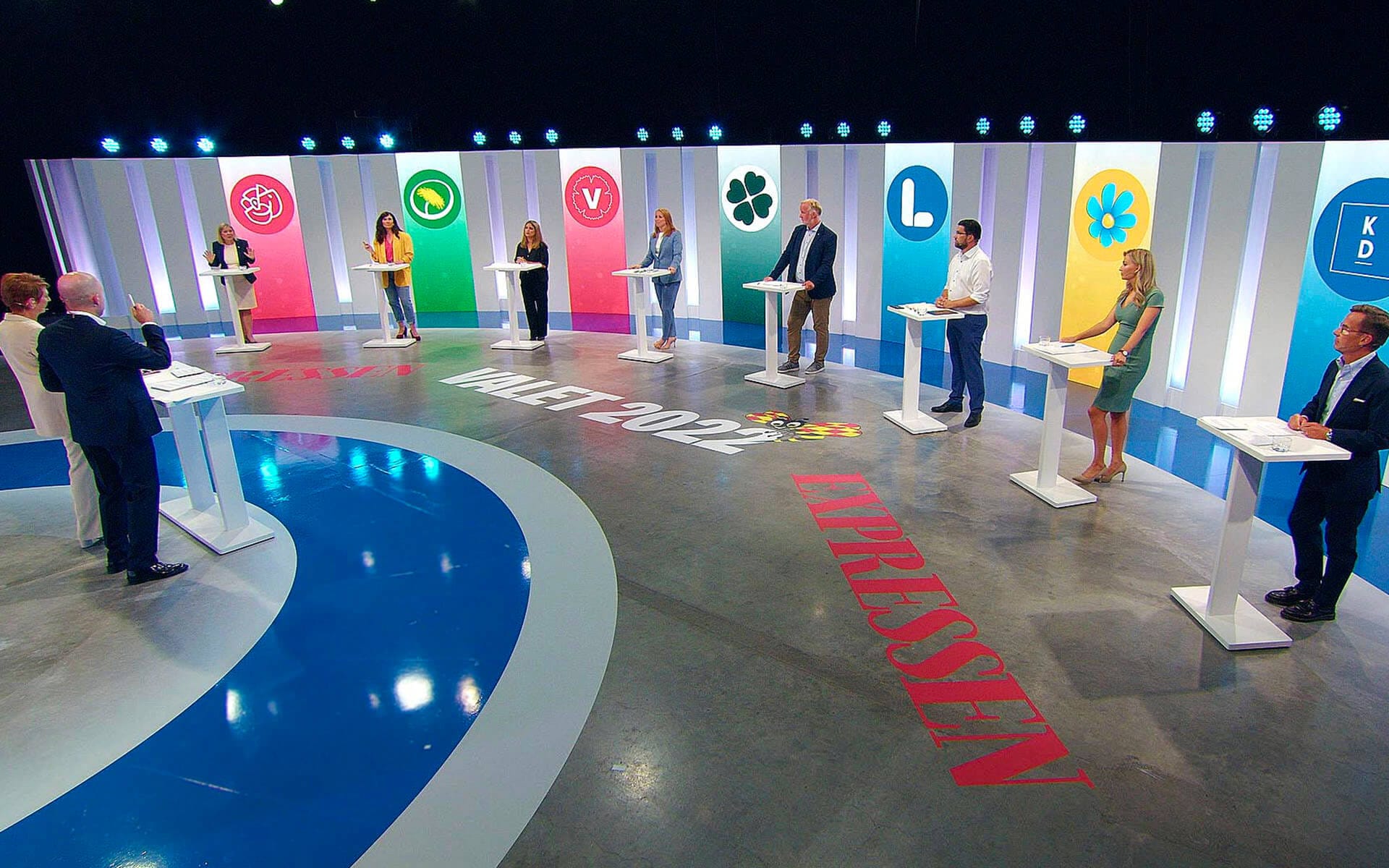 Full studio view with all party leaders at their podiums, Expressen party leaders debate 2022