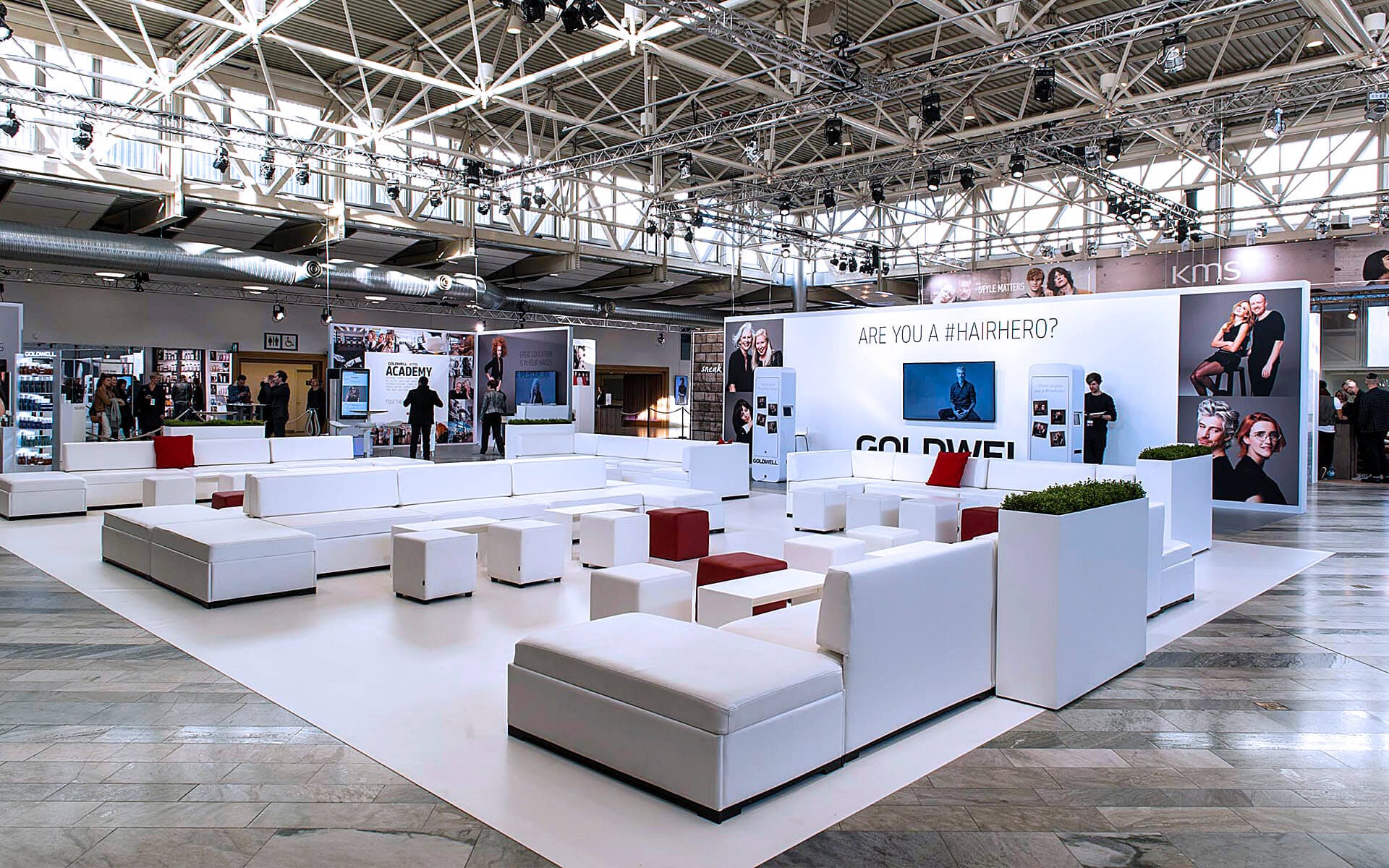 Close-up of white lounge furniture in event section at Stockholmsmässan, Goldwell Global Zoom 2016