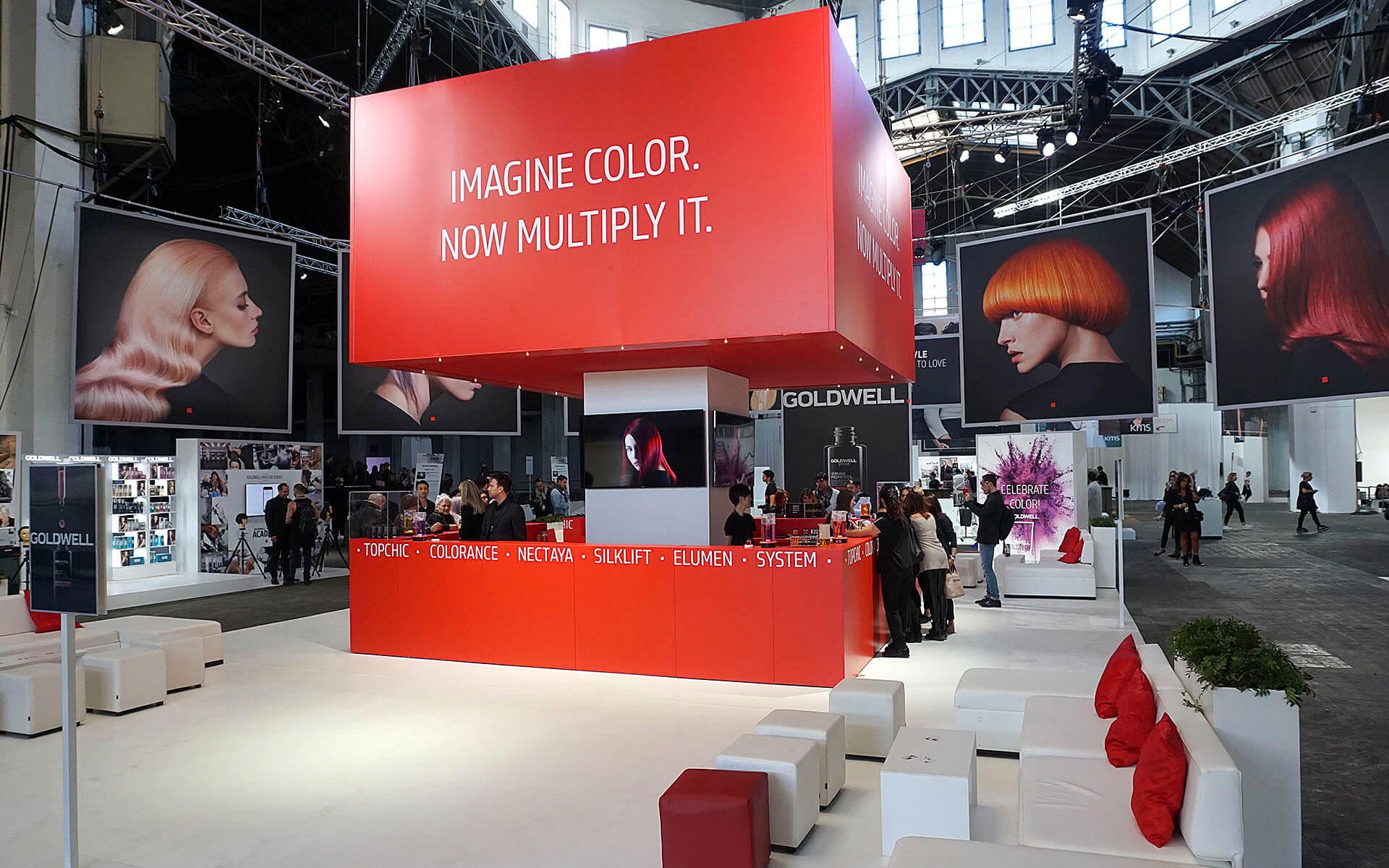 Goldwell stand at Global Zoom in Barcelona – an international stand production by EDGE with well-integrated product display in Goldwell's graphic profile.