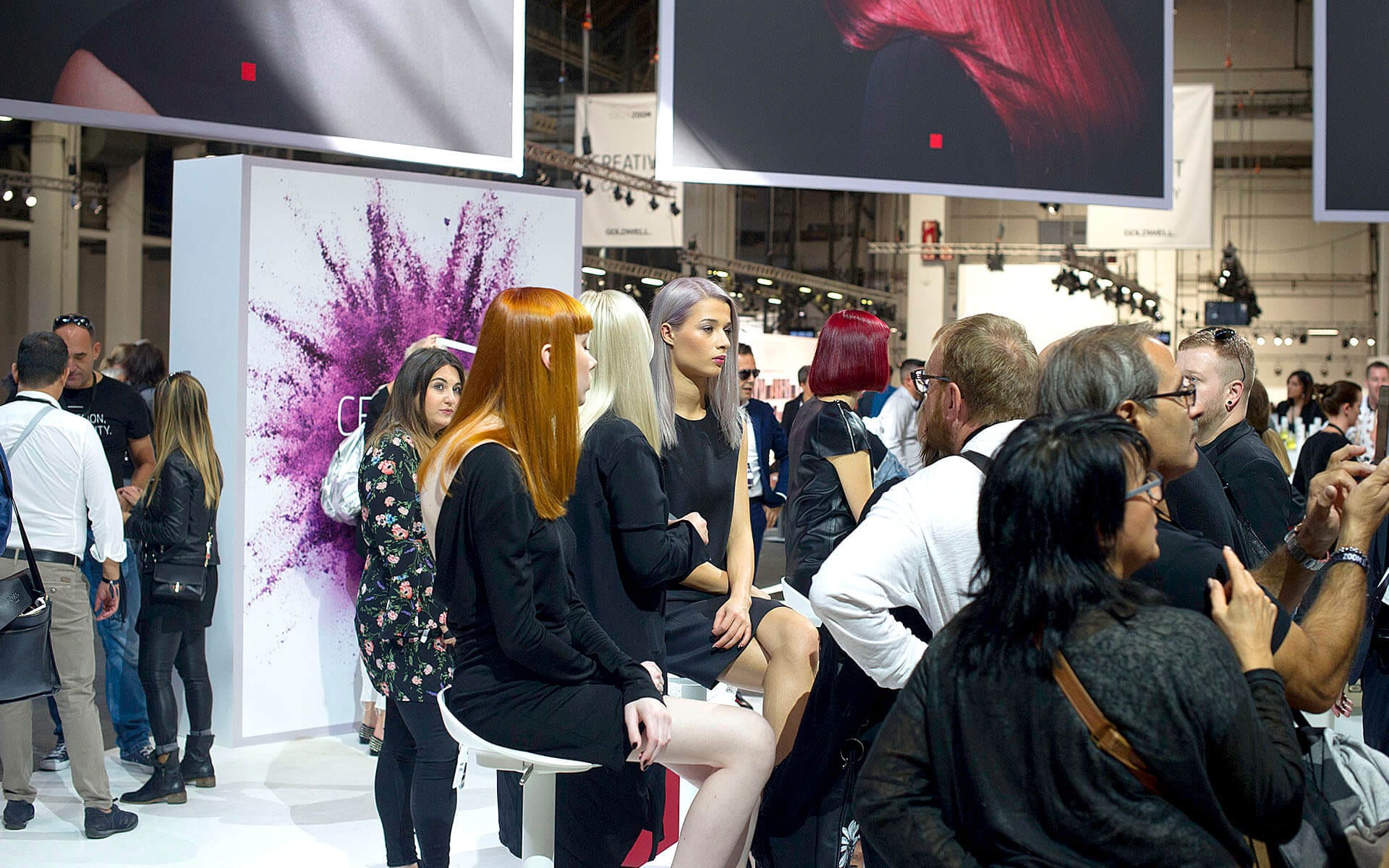 Competition area at Goldwell Global Zoom in Barcelona – EDGE designed and built the full competition setup with podiums, lighting and signage.