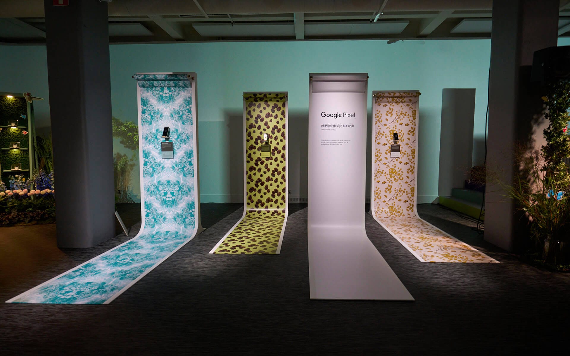 Wrapped decorative installation with floating wallpaper rolls for the Google Pixel 7 launch – print and decorative elements combined into a sculptural installation.