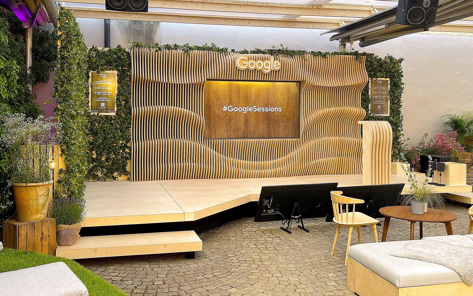 Google Sessions pop-up stage in Almedalen – a raw plywood stage built by EDGE's carpentry workshop, adapted for outdoor use and Google's visual profile.