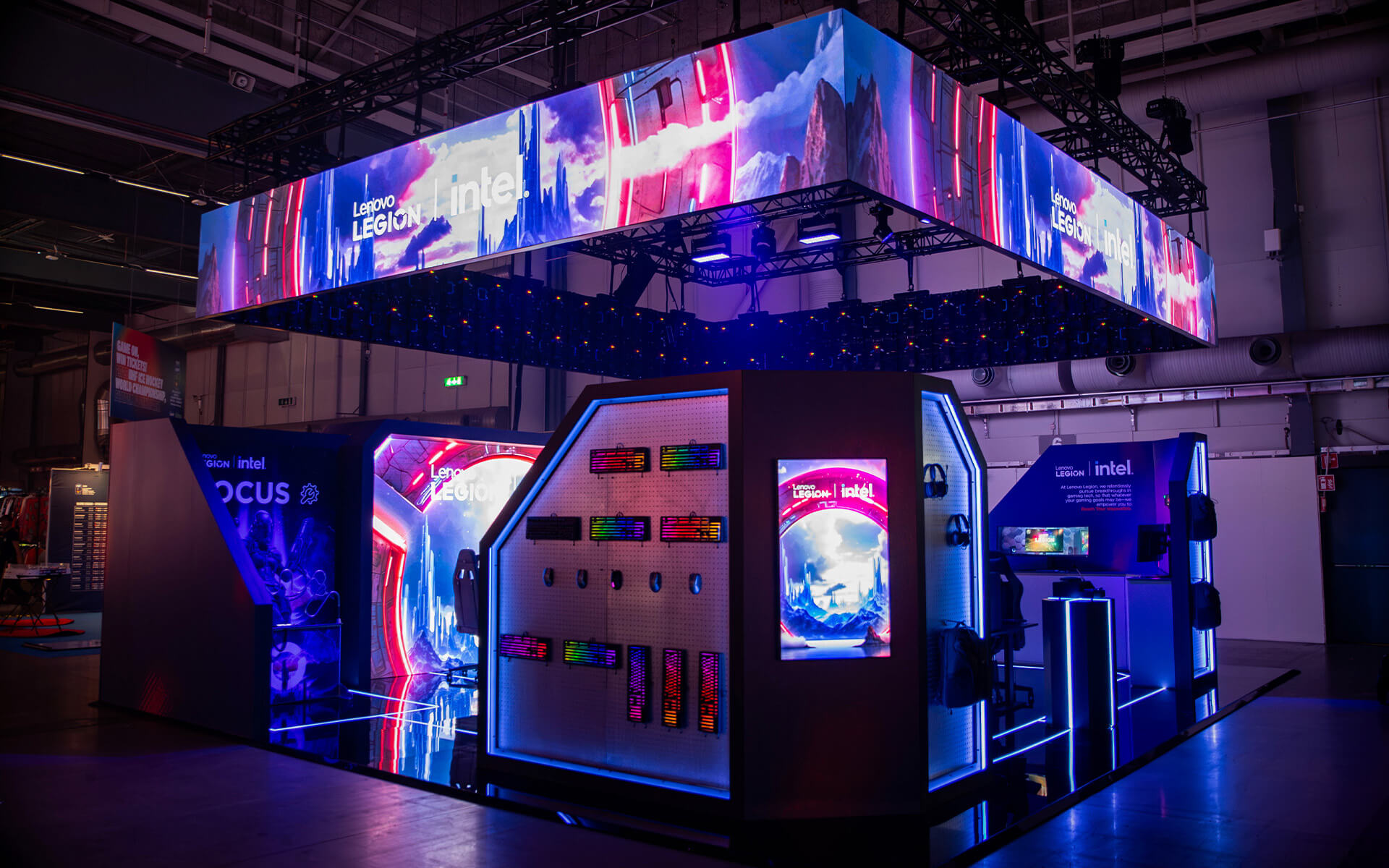 Custom-built stand with L-shaped counter modules and back wall
