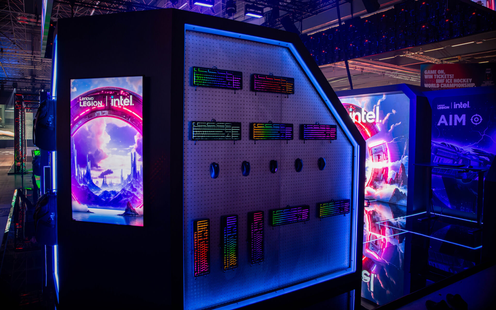 LED wall in the backdrop and 49-inch screens at the workstations