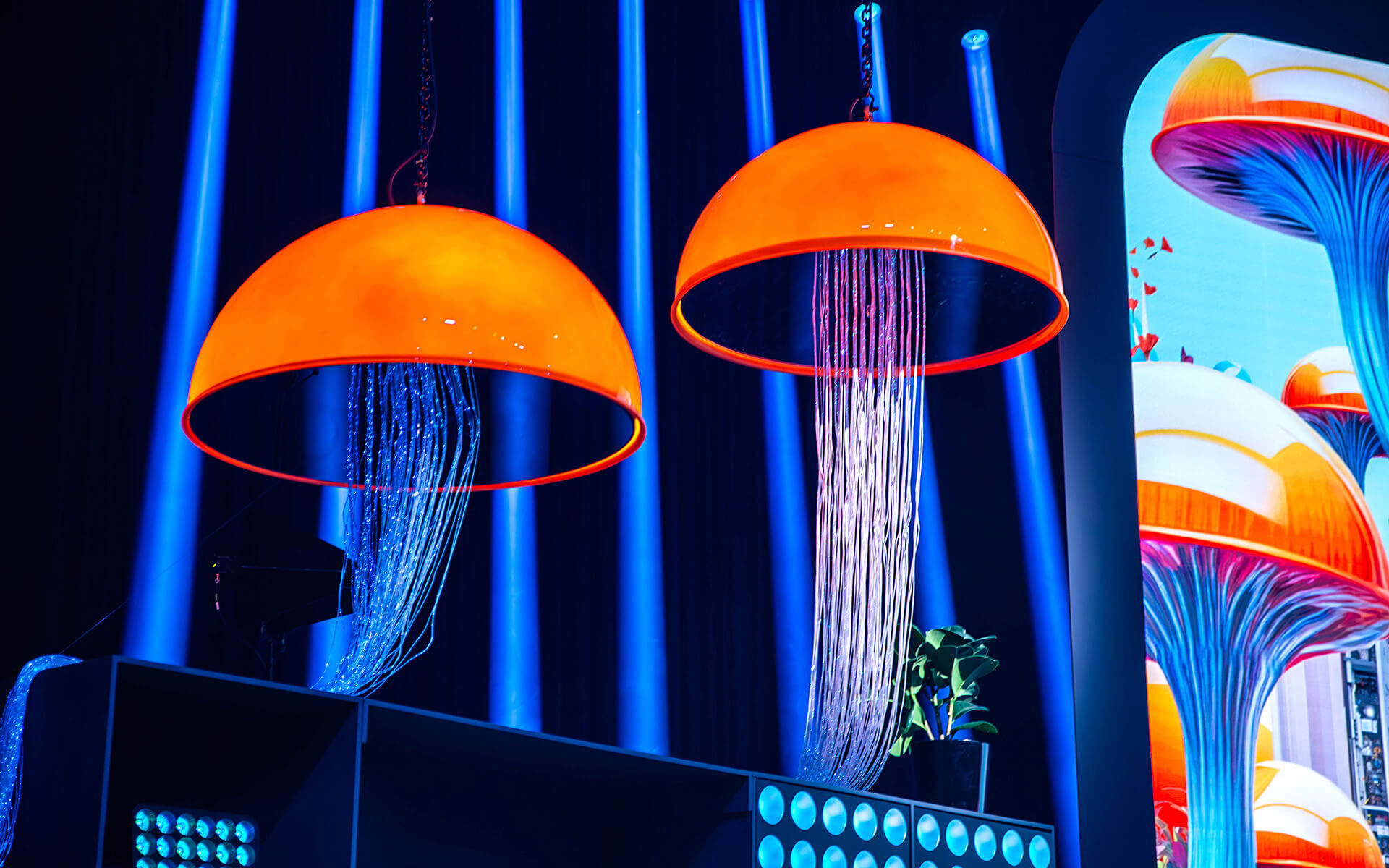 Custom-built mushroom installations floating above the stage