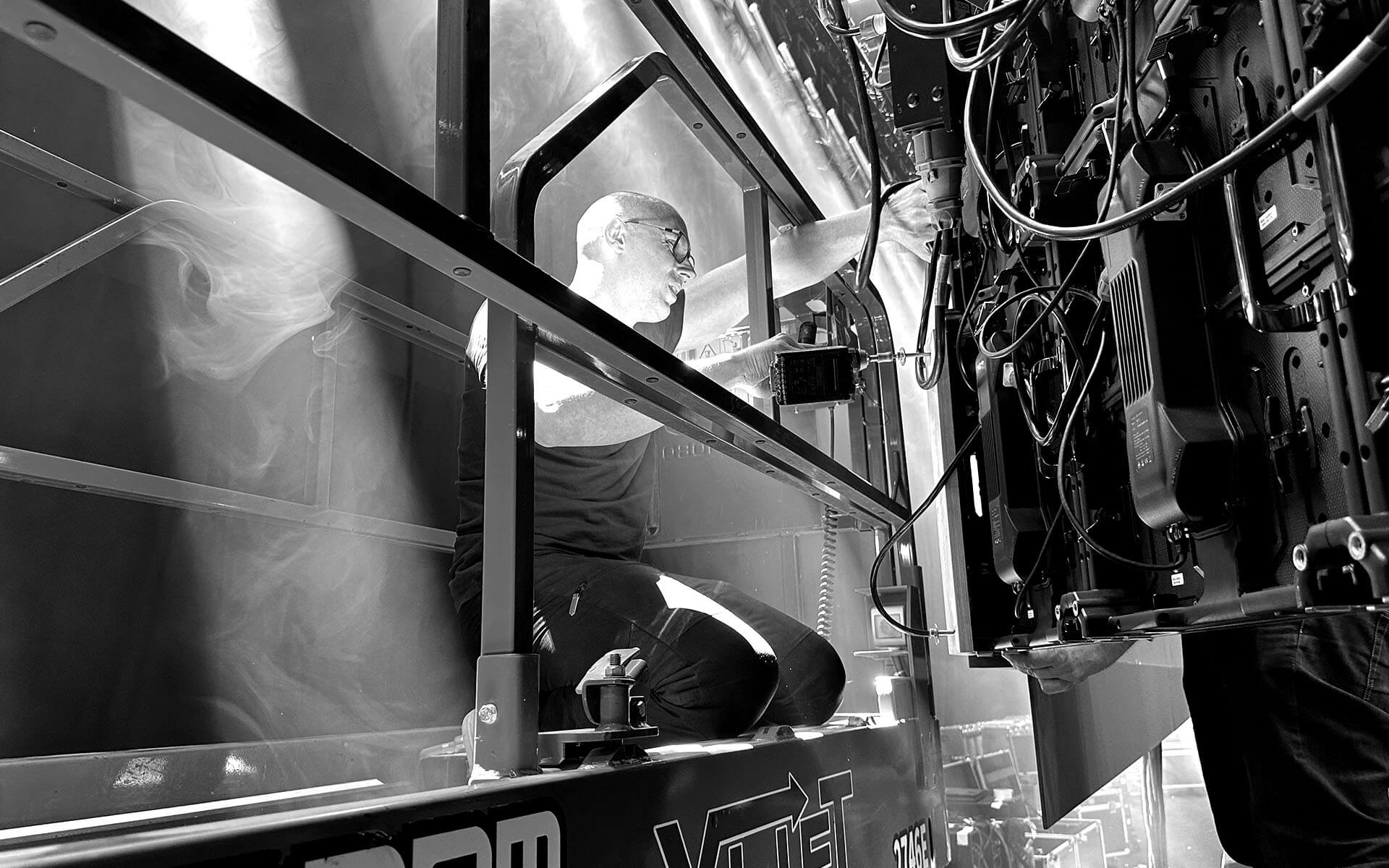 Rigging of the LED wall during the build days