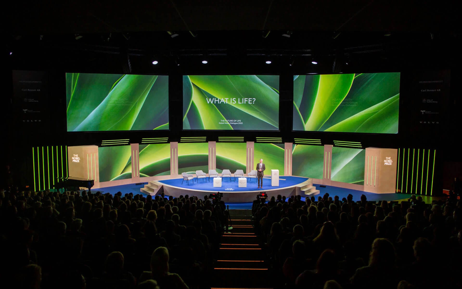 Stage with RGB lighting, LED screens and projectors, Nobel Week Dialogue 2022 Stockholm Waterfront
