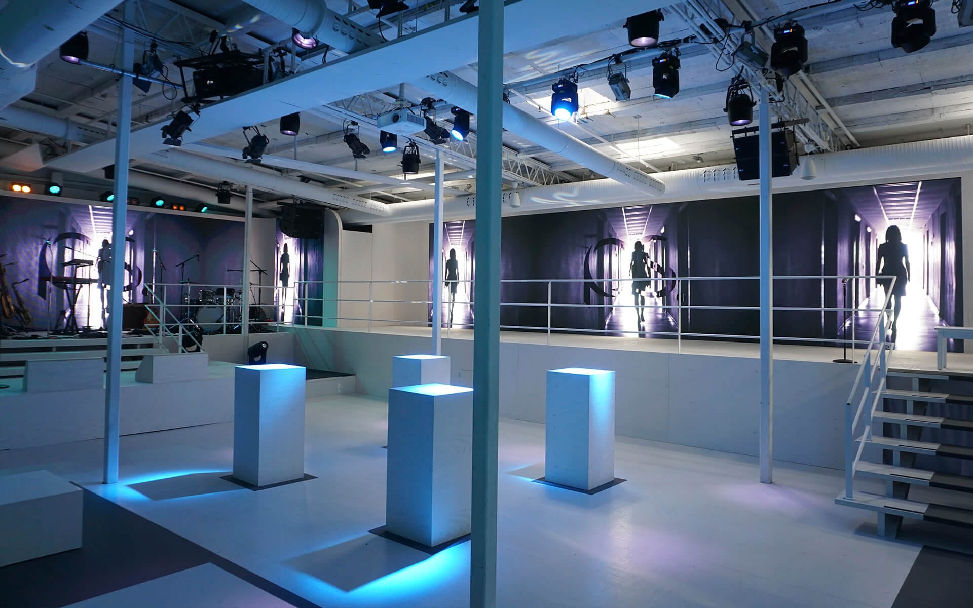 Custom-built furniture and stage extension in white-glazed plywood, PS Communication anniversary The Meeting Room