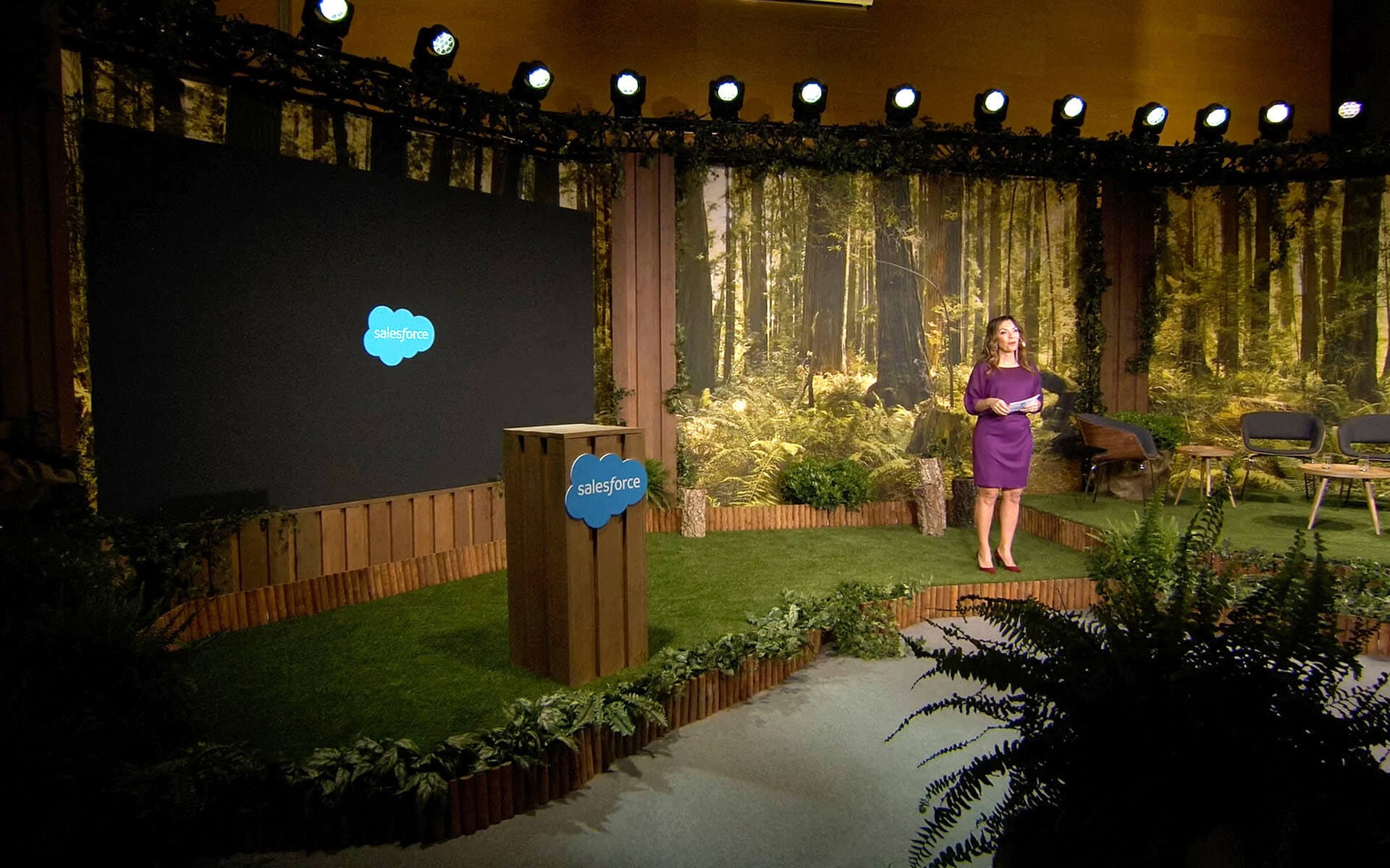 Alexandra Pascalidou moderating the broadcast, Salesforce Live digital studio Stockholm Waterfront