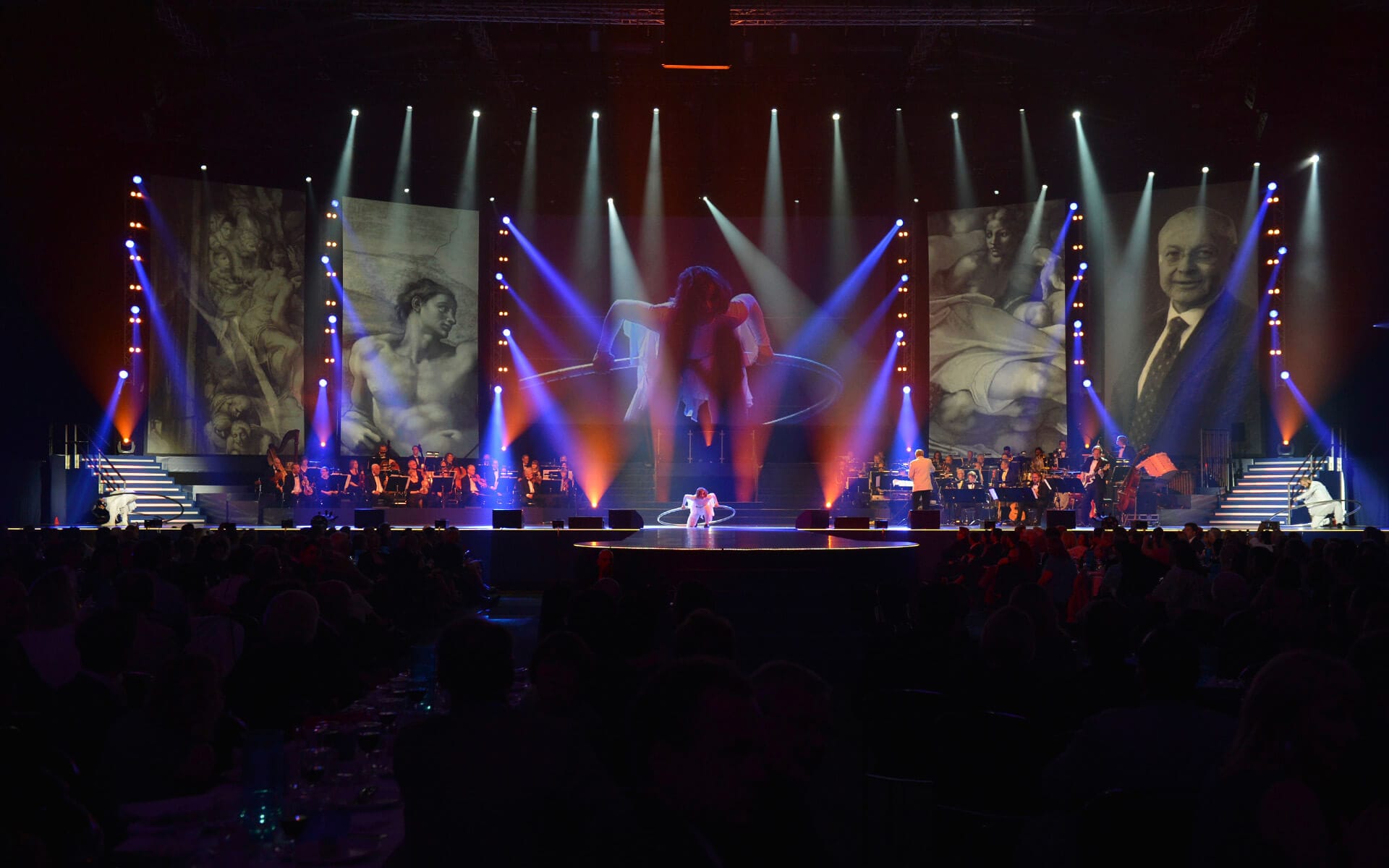 400 sqm stage with five rear-projected screens, Sandvik 150th anniversary Göransson Arena