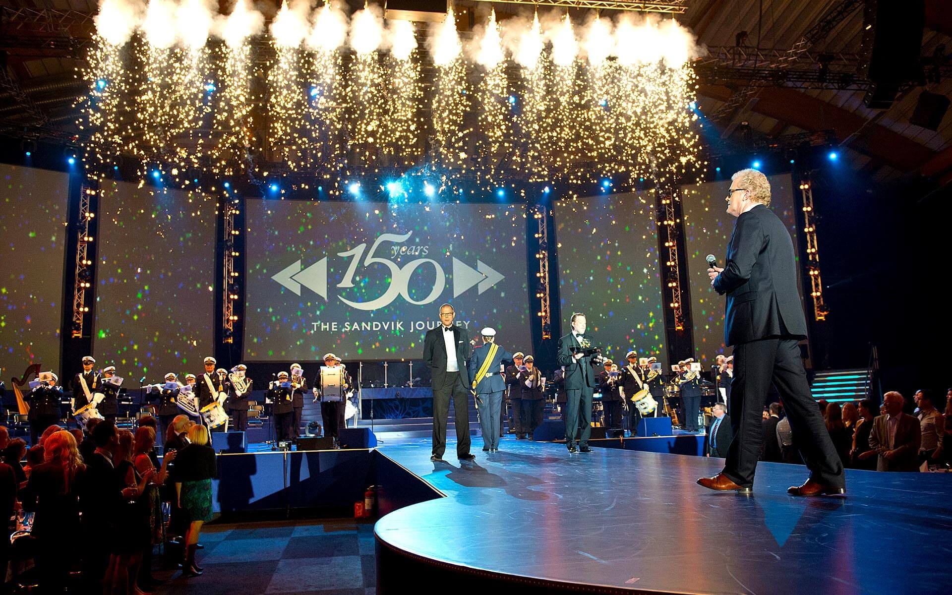 Glitter rain and pyrotechnics during opening number, Sandvik 150th anniversary Göransson Arena