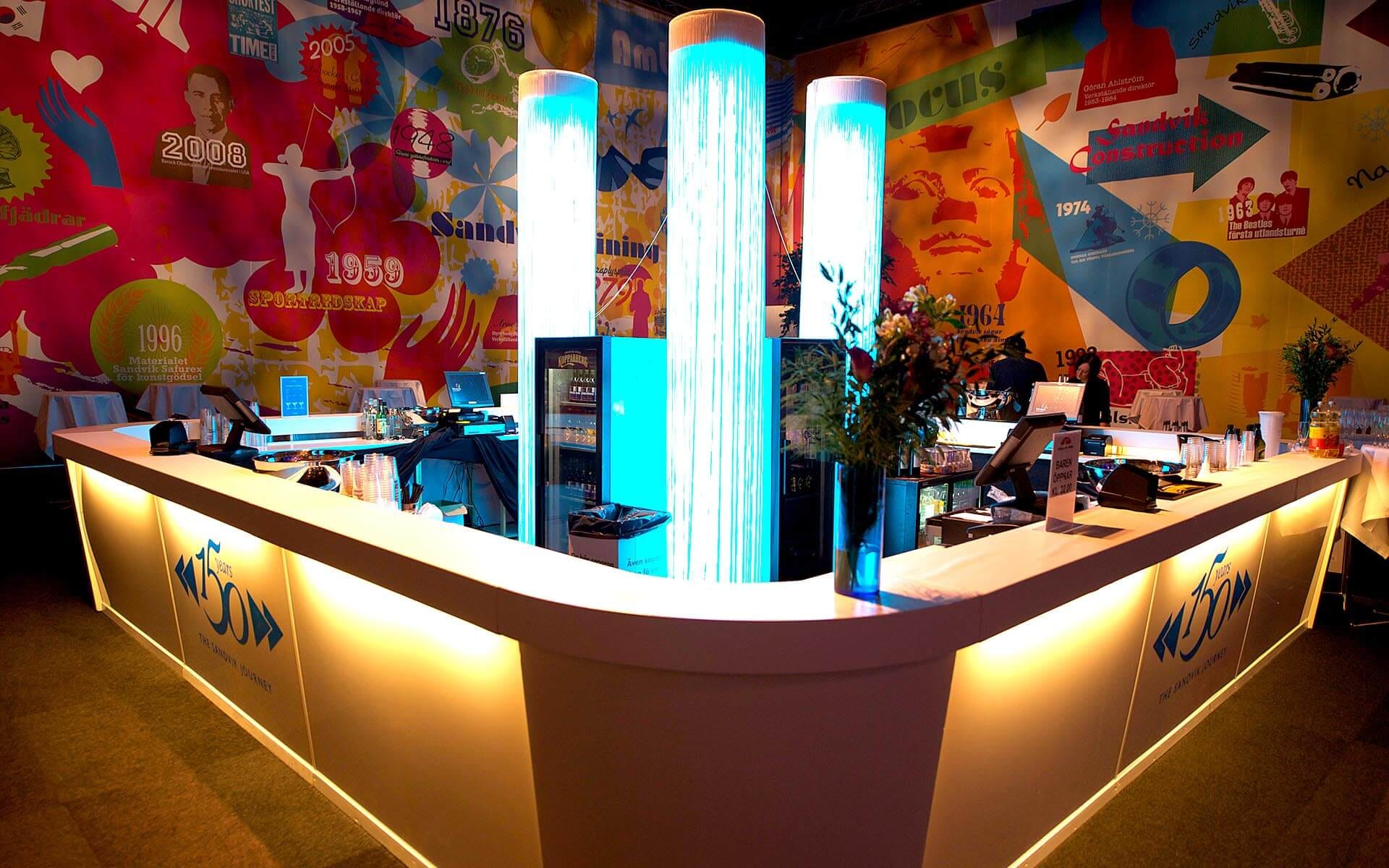 In-house modular bar counter with Sandvik vinyl wrap in the Timeline Room