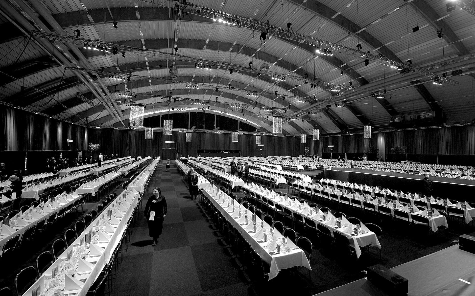 Dinner setting in stillness ahead of guests being admitted, Sandvik 150th anniversary Göransson Arena