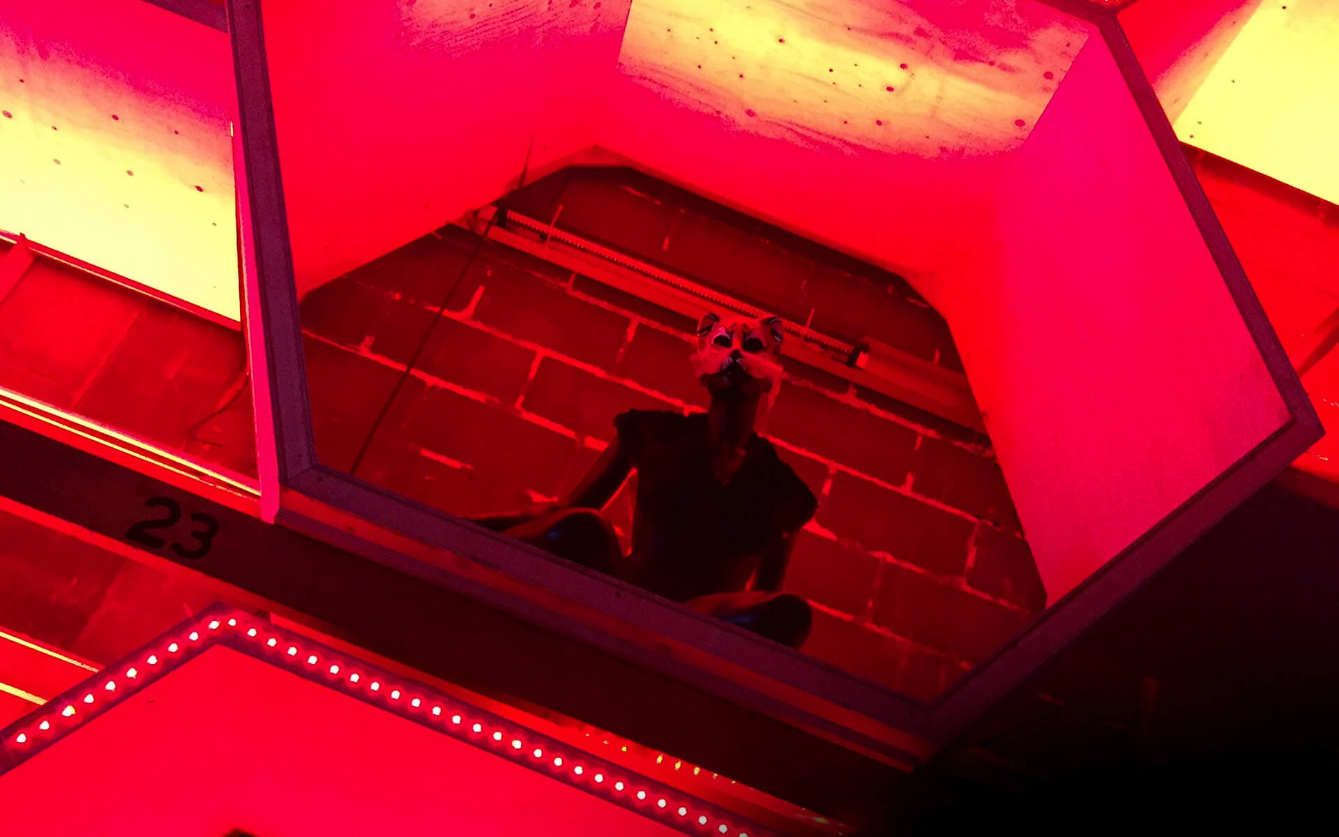 Mannequin as decorative element inside hexagon, Estrella activation Sónar Festival Nobelberget