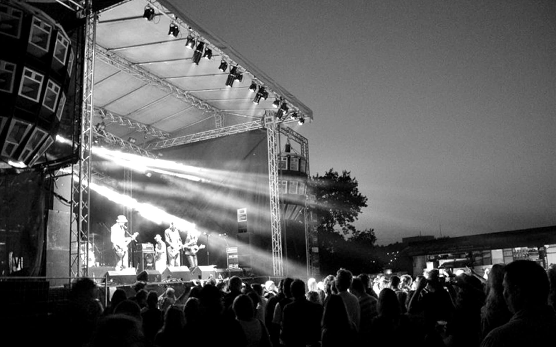 Festival stage seen from the side with lighting rig, SRBF Edsbergsparken Sollentuna
