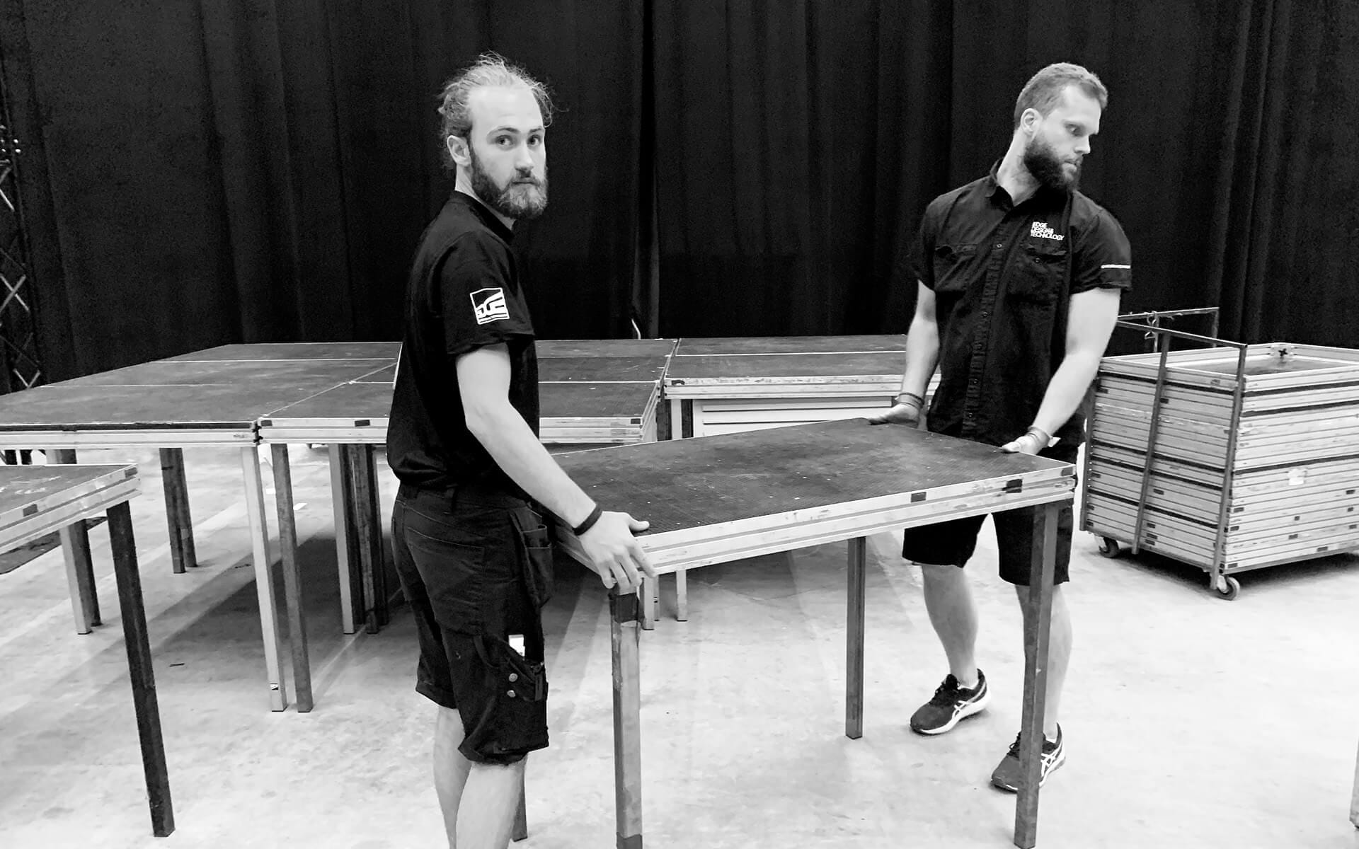 Stage assembly with podiums in Studio Ett – modular stage system built quickly to the desired shape and size.
