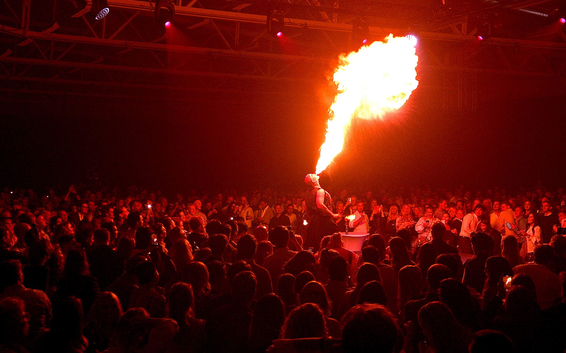 Fire performer on satellite stage, TUR-Spelen 2022 Stadium Arena Norrköping