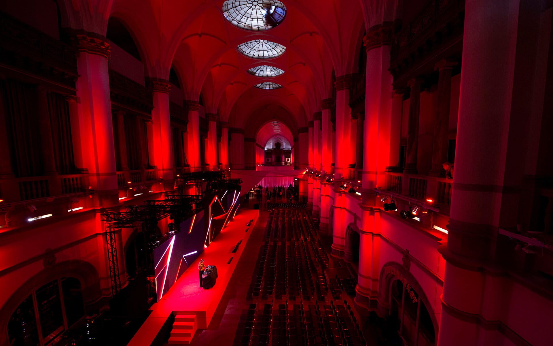 Ambient lighting in main hall of Nordic Museum, YouTube 10th anniversary Stockholm