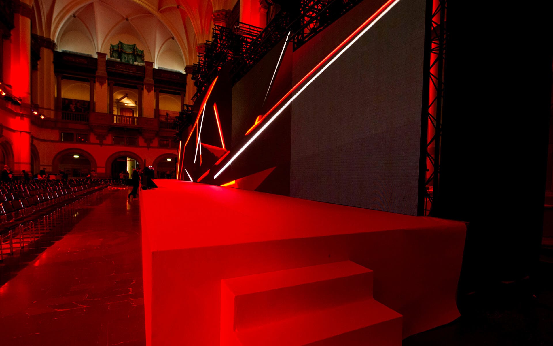 Stage deck with hard fronts and YouTube-red carpet, YouTube 10th anniversary Nordic Museum