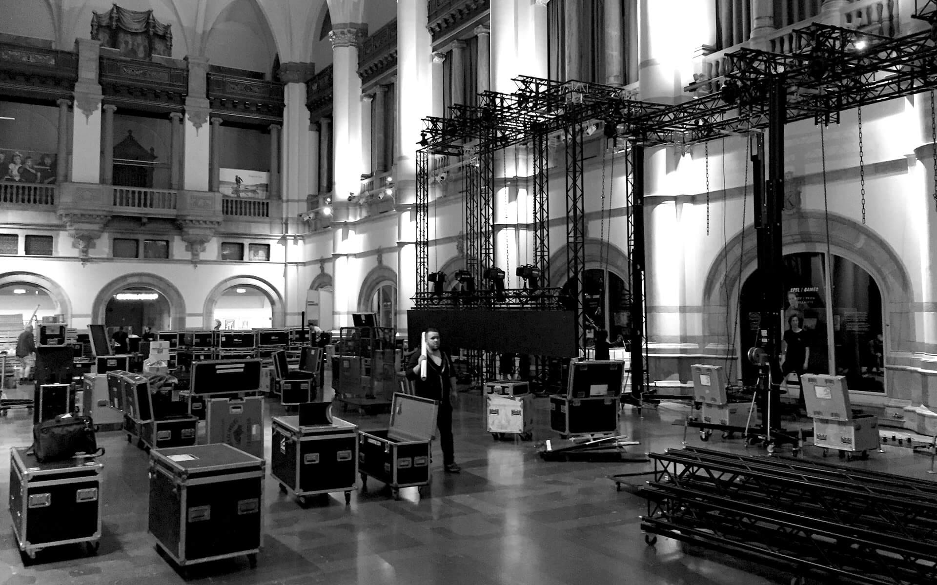 Night-time construction of technology and decor at Nordic Museum Stockholm