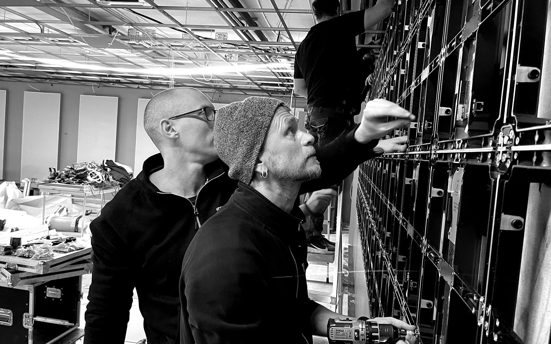 Installing an LED wall requires precision – each cabinet is aligned for a pixel-perfect surface.